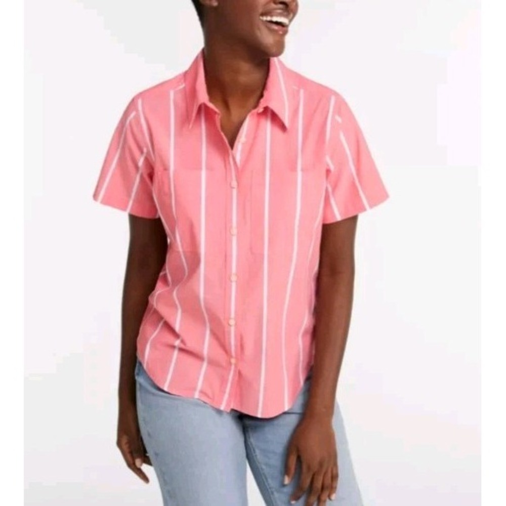 LL Bean Essential Cotton Poplin Shirt Womens Medium Pink Stripe Short Sleeve